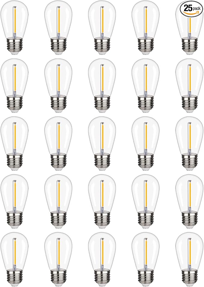 25 Pack S14 LED String Light Bulbs, 1W Shatterproof & Waterproof Outdoor Indoor Replacement Bulbs, E26 Base Edison LED Light Bulbs Warm White 2200K. (S14 25Pack)