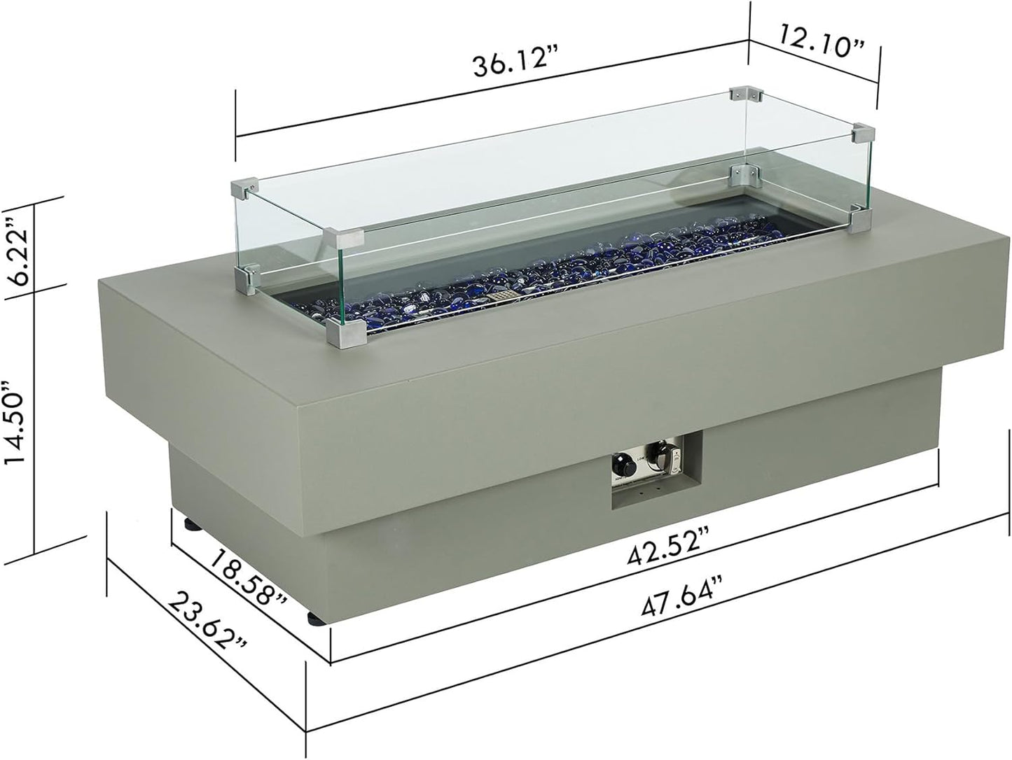 48-inch Fire Table with Natural Gas Conversion Kit & Wind Glass Shield, 50,000BTU Outdoor Modern Patio Fire Pit Table w/Rectangular Burner Lid, Glass Rocks, Cover