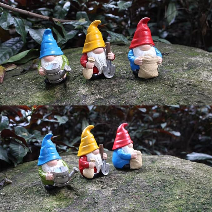 Set of 3 Mini Garden Gnome Statues - Resin Figurines for Indoor and Outdoor Decoration - Whimsical Mini Ornaments for Home, Patio, Yard, and Garden Decor