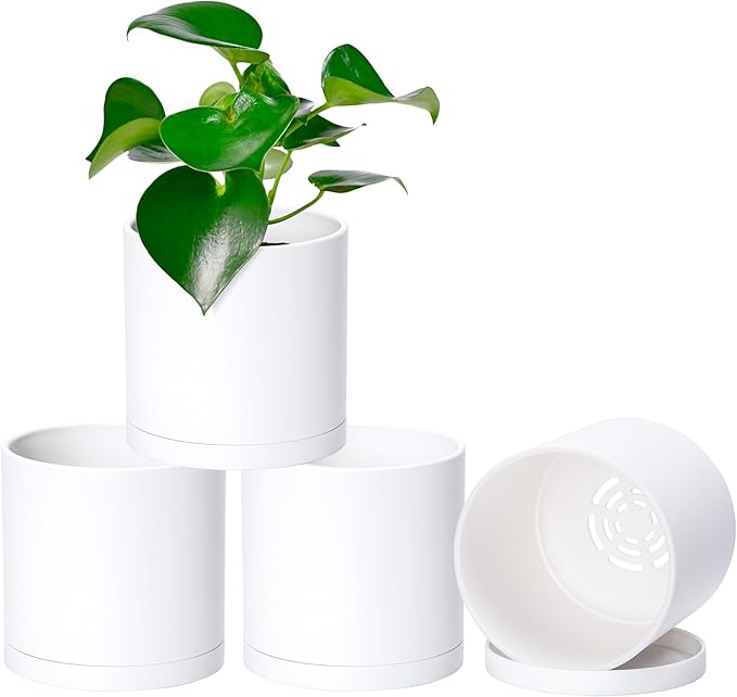 D'vine Dev 4 Pack 5 Inch Modern Plastic Plant Pots, Small Garden Planters for Plant with Drainage Holes and Saucers, White Color, 74-Z-G-2