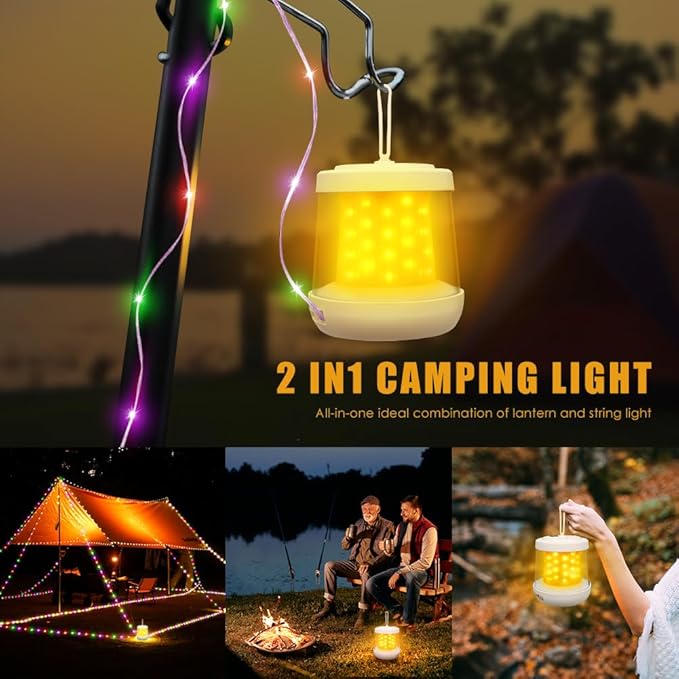 UniqueFire Portable 2-in-1 Camping Lantern & String Lights, Rechargeable LED Tent Lantern with RGB String Lights for Camping, Party, Garden & Yard Outdoor Decoration