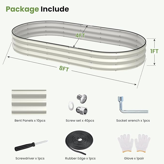Oval 8x4x1 FT Galvanized Raised Garden Bed Kit, 3 in 1 Large Metal Garden Bed Raised Planter Box, 12” Raised Beds for Gardening Vegetables Flower Herb(Pearl White)