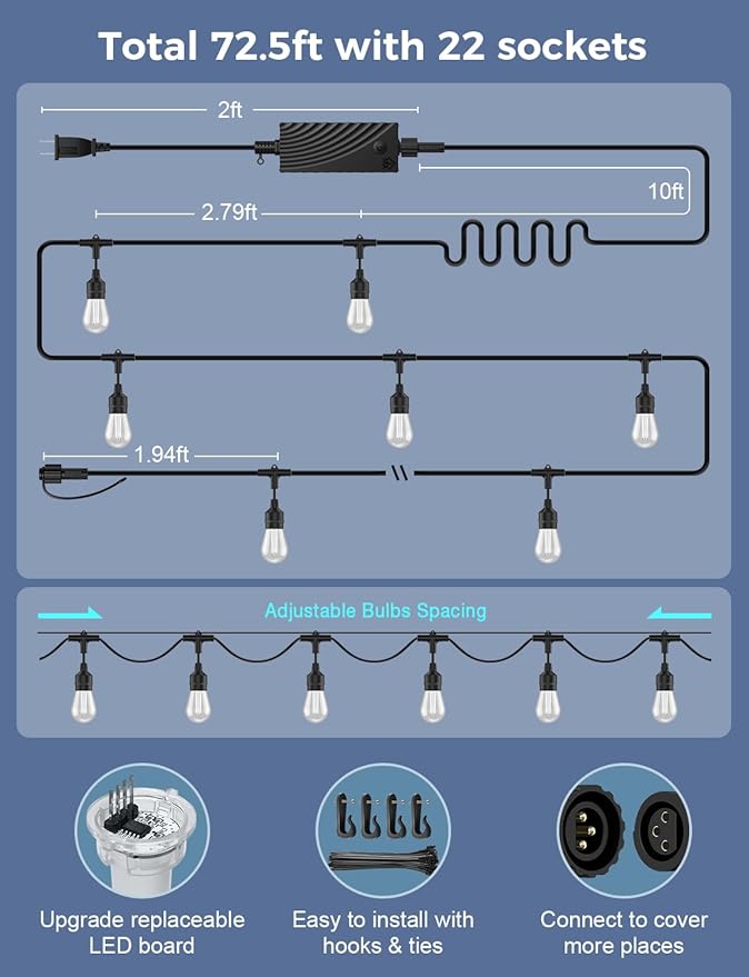 XMCOSY+ Smart Outdoor String Lights, 72.5Ft Patio Lights Waterproof, App Control, Compatible with Alexa, RGBCWIC Color Changing LED String Light for Outside