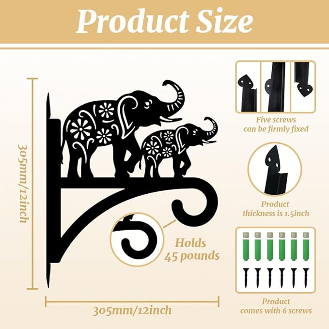 peacoblue Iron Plant Hangers Holder for Outdoor Indoor Hanging Plants Flower Fern Pots Lantern Bird Feeder Wind Chimes, 12”x14” Weather Resistant Metal Wall Hooks for Porch Garden Farmhouse(Elephant)