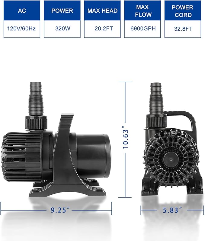 Outdoor Large 6900gph-320W 32.8FT Pond Water-fall & Kio Fish Fountain-s & Garden Pump Submersible IPX8: Long 32.8FT Cord Smart-er & Quieter Duck & Yard&Patio Ponds Pumps, 1 Barrier Pump Bag