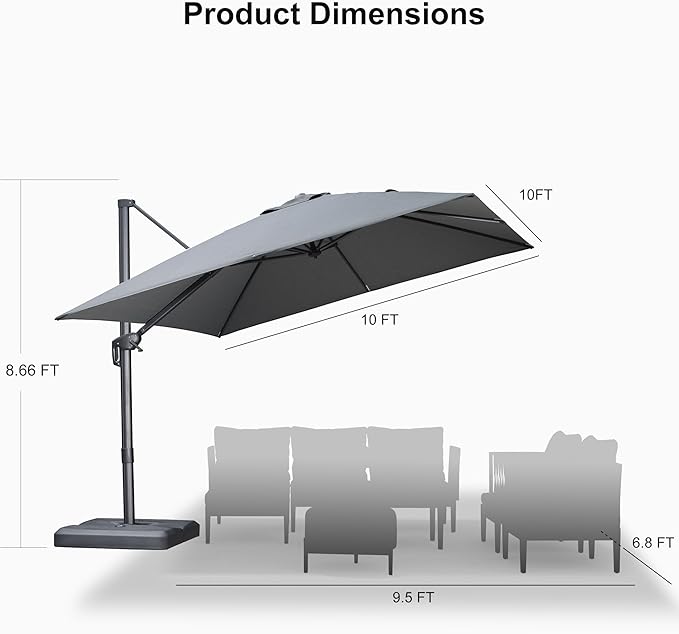 PURPLE LEAF 10 FT Cantilever Patio Umbrella Outdoor Aluminum Offset Square Umbrella with 3 Years Fade Resistance Recycled Fabric and 360-degree Rotation for Deck Pool Gard, Mist Grey