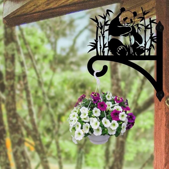 Peacoblue Iron Plant Hangers Holder for Outdoor Indoor Hanging Plants Flower Fern Pots Lantern Bird Feeder Wind Chimes, 12”x14” Weather Resistant Metal Wall Bracket Hooks for Porch Garden House(Panda)