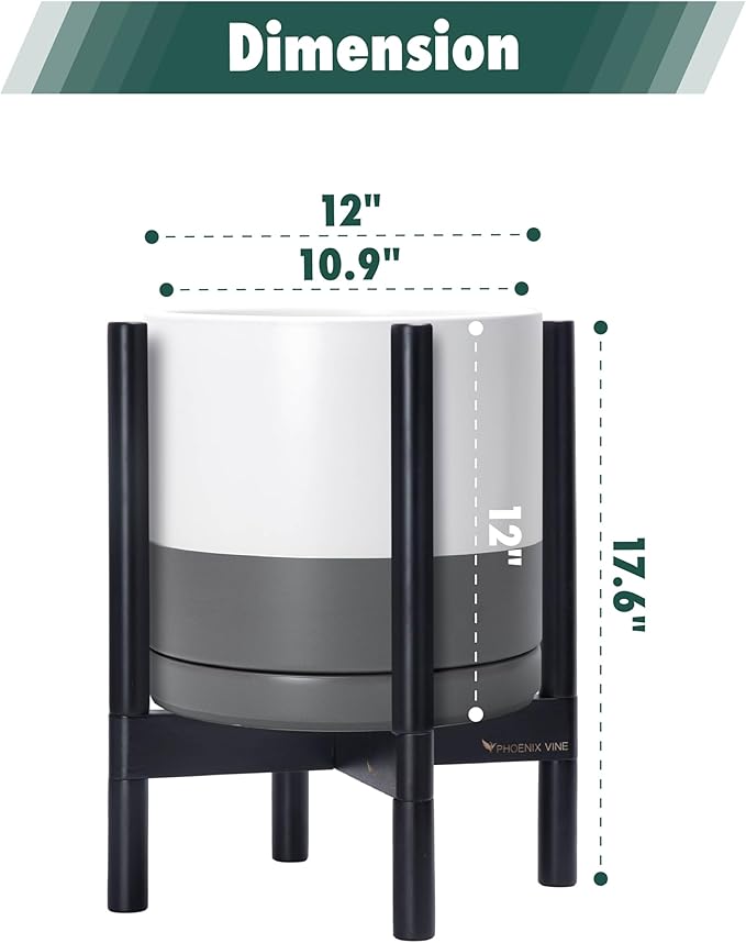D'vine Dev Ceramic Planter with Ebony Stand - 12 Inch Modern Round Flower Pot with Wood Planter Holder, White/Grey, 55-B-H-6