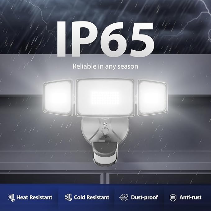 Onforu 65W LED Security Lights Motion Sensor Light Outdoor, 6500LM, 6500K, IP65 Waterproof, Flood Light Outdoor Motion Detector with Adjustable 3 Head, Hardwired Wall Light for Entryway, Yard (Gray)