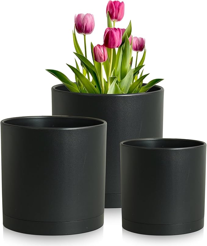 8/7/6 inch Plant Pots, 3 Set Cylinder Flower Pots for Outdoor Indoor Plants, Decorative Plastic Planters with Drainage Holes and Saucers for Garden House Plants, Black