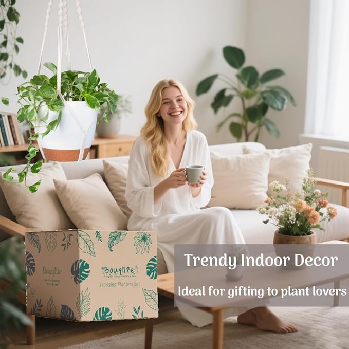 Set of 3 Hanging Planters for Indoor Plants with 10"/8"/7" Self-Watering Hanging Pots, Hanging Plant Pots with Drainage, 3 Different Size Macrame Plant Hangers with Hooks White Large