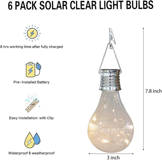 pearlstar Solar Light Bulbs Outdoor Waterproof Garden Camping Hanging LED Light Lamp Bulb Globe Hanging Lights for Home Yard Christmas Party Holiday Decorations (6 Pack-Clear Bulbs)