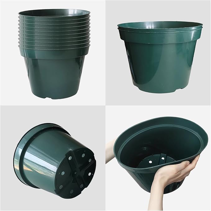 10 Pack Plastic Planter Pots, 10 Inch Thick Plant Pots with Multiple Drainage Holes, Pots for Plants Such as Herbs Strawberry and Flowers, Green Growing Planters for Outdoor Plants or Indoor (Green)