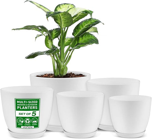 Eco Friendly Plant Pot Set -5-Pack Home Decor Flower Indoor and Outdoor Plastic Pots with Drainage Holes, Assorted Sizes (7", 6.6", 6", 5.3", 4.8") - Stackable Garden Versatile Planters