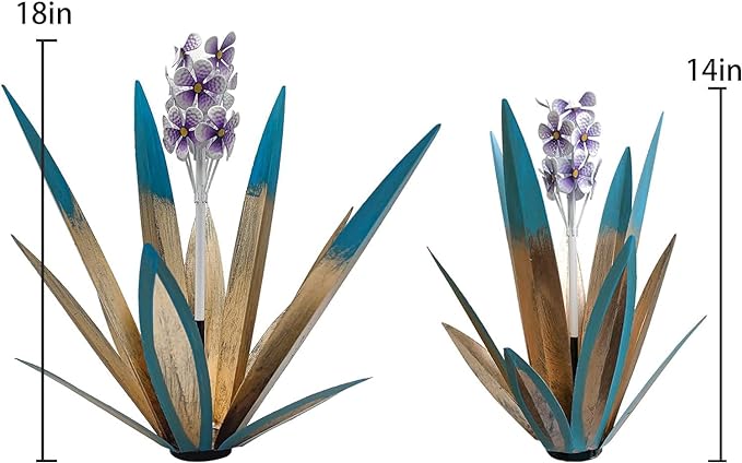 Metal Agave Plant Garden Art, 2 Pack Tequila Rustic Sculpture, Rustic Metal Agave Plants Lawn Home Ornaments, for Yard Stakes, Garden Figurines, Outdoor Patio (2 PCS Purple Flowers)