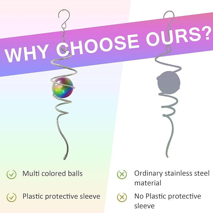 Multi Colors Gazing Ball Spiral Tail Wind Spinner,Decorative Wind Spinner 11inch Tail&2 inch Stainless Steel Orb.Indoor Outdoor Wind Spinner Tail Garden Decoration-13 inch Height