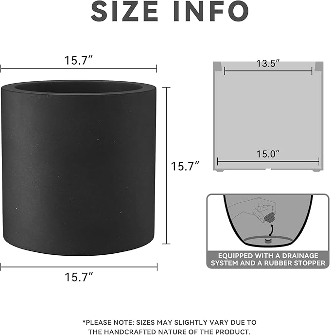 Kante 15.7" Dia Round Concrete Planter, Modern Style Large Cylindrical Plant Pot with Drainage Hole and Rubber Plug for Indoor Outdoor Patio, Black