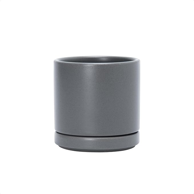 D'vine Dev 3.5 Inch Ceramic Planter Pot with Drainage Hole and Saucer, Indoor Cylinder Round Planter Pot, Speckled Grey, 94-O-A-3
