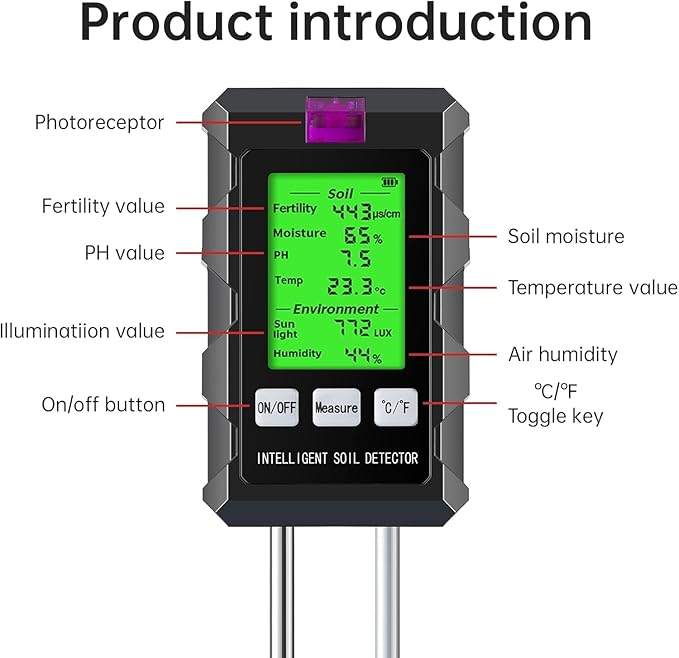 6-in-1 Soil Moisture Meter, pH/Temperature/Soil Moisture/Sunlight/Air Humidity/Soil Fertility Soil Tester for Farming, Gardening, Lawns and Outdoor Plants (2*AAA Battery Needed)
