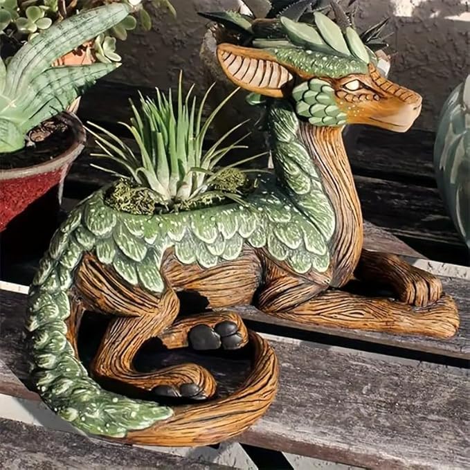Funny Dragon Planter, Resin Animal Planter, Dragon Statue Outdoor, Dragon Figurines, Unique Succulent Pots with Drainage Hole, Dragon Yard Decor for Outside Lawn Patio Patio Yard Ornament Gifts (A)