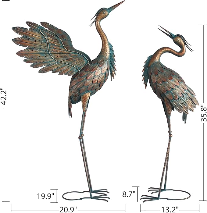 Crane Statues for Garden Decor, Metal Yard Art Heron Garden Statues, Standing Garden Sculptures & Statues for Yard Decorations Outdoor, 38-42 Inch Set of 2, Copper