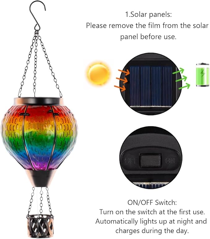 DREAMSOUL Hot Air Balloon Solar Lantern with Candle Holder, Glass Hanging Solar Lantern with Flickering Flame, Solar Lanterns Outdoor Waterproof for Lawn, Patio, Porch, Tree Decor