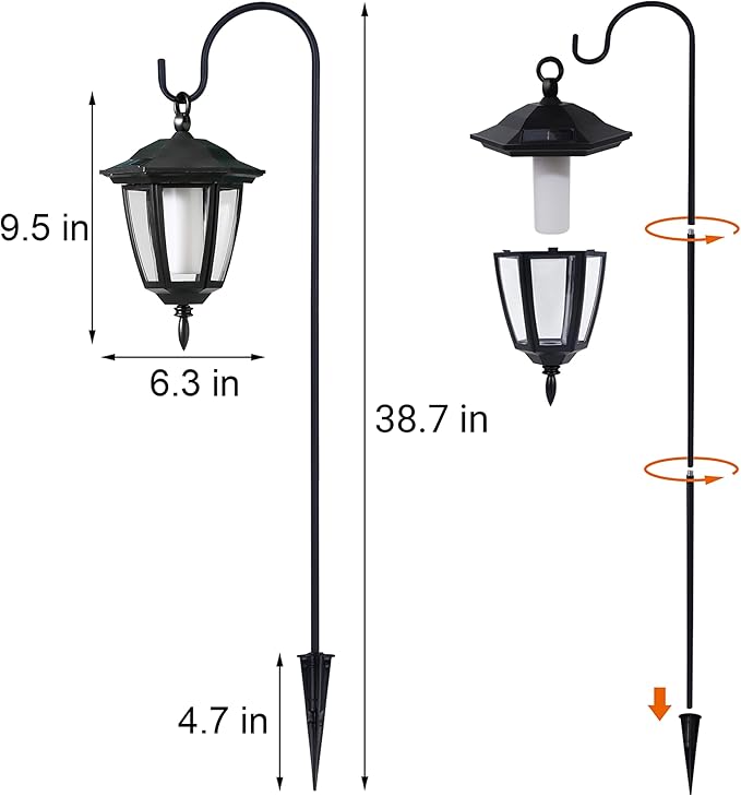 Dynaming 4 Pack Solar Flame Hanging Lights Outdoor, Solar Flickering Flame LED Garden Lanterns with 4 x 38 Inch Shepherd Hooks, Landscape Lighting Waterproof for Lawn Patio Yard Pathway Driveway