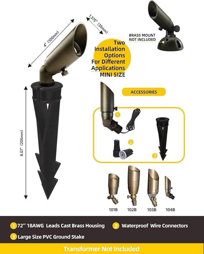 COLOER Mini Size Die-cast Brass Landscape SpotLights Outdoor,12Volt AC/DC Low Voltage LED Wired Landscape Lighting,IP65 Waterproof Outdoor Adjustable Yard Spot Light(104B,Bronze,6-Pack Without Bulb)