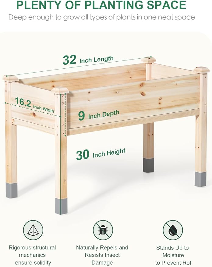 MIXC Wooden Raised Garden Bed with Legs, 32”L X 16”W, Elevated Reinforced Large Planter Box for Vegetable Flower Herb Outdoors - Beam and Column Structure - Unmatched Strength Outlast