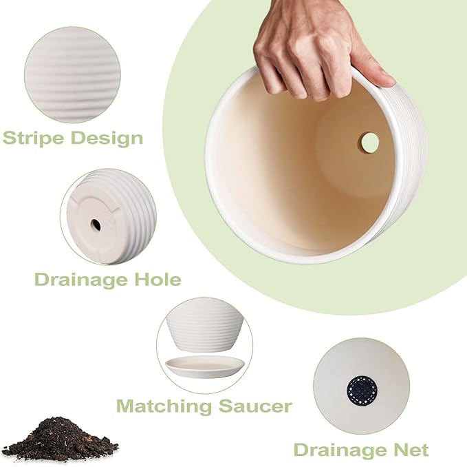 10 Inch Ceramic Planter Pot Large Plant Pot with Drainage Hole and Saucer Modern Round Flower Pot for Indoor Outdoor Plants Garden Pot White