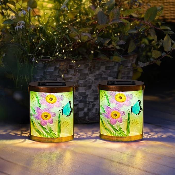 Starsoul 2 Pack Hanging Solar Lantern Outdoor Waterproof Glass Butterfly and Flowers Decorative Solar Lights for Outside Garden Yard Table Patio Decor