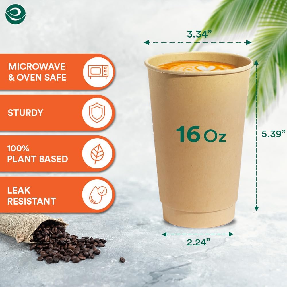 ECO SOUL 100% Compostable Plant-Based 16oz Hot Cups | (25 Count, 16 oz Hot Cups) | Disposable Bagasse Paper Cups | Eco-friendly Cups | Sturdy, Microwave & Oven Safe