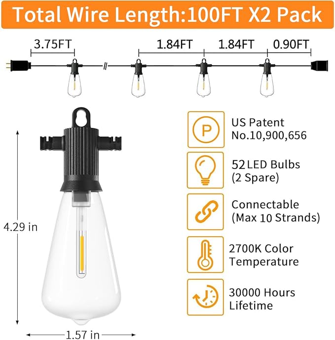 ZOTOYI Outdoor String Lights 200 FT, Waterproof IP65 Patio String Lights for Outside with 104 Shatterproof ST38 Bulbs(4 Spare), LED Hanging Lights for Bistro, Backyard, Garden 2700K(2-Pack 100FT)