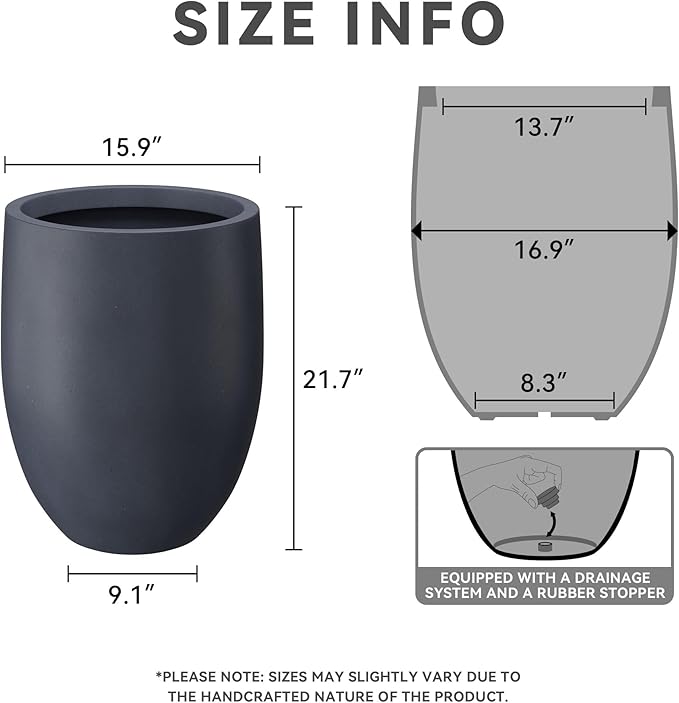 Kante 21.7" H Dark Gray Concrete Tall Planter, Large Outdoor Indoor Decorative Pot with Drainage Hole and Rubber Plug, Modern Round Style for Home and Garden
