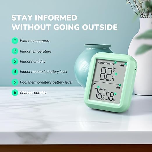 Firelex Wireless Digital Pool Thermometer Floating Easy Read, with Indoor Temperature Humidity Monitor for Swimming Pools Hot Tubs Small Ponds Aquariums