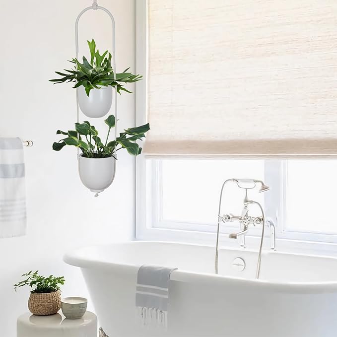 Hanging Planters 2 Tiers Metal Plant Hangers for Indoor Outdoor Plants Wall Ceiling Hanging Flower Pot Basket Holders Kitchen Room Decor(White)