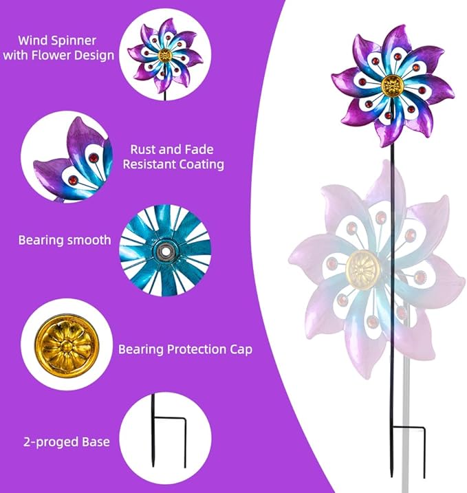 DREAMYSOUL Wind Spinners Outdoor, 9.6" Dia*40" H Metal Garden Pinwheels, Kinetic Wind Spinners for Yard and Garden Lawn Art Decor (Purple)