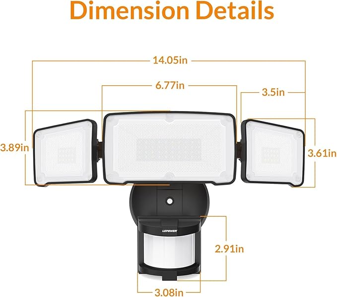 LEPOWER LED Motion Sensor Security Lights, 3 Head Motion Detected, 38W, 4200LM, Waterproof IP65, 5500K, Full Metal for Outdoor, Garage, Porch, Yard (Not Solar Powered, Black)
