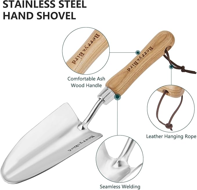 Stainless Steel Trowel, Garden Small Flower Hand Shovel, Potting Soils Scoop with Wood Handle, Gardening Bonsai Tools for Transplanting Digging Weeding Planting