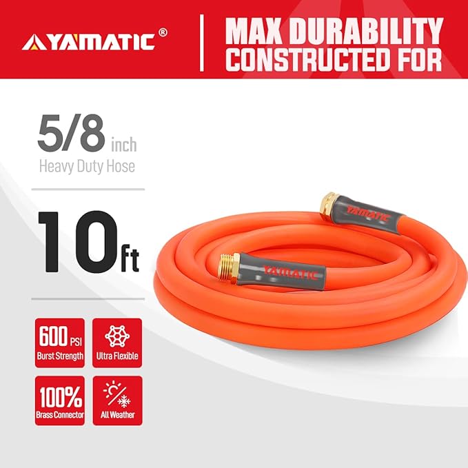 YAMATIC Female to Female Short Garden Hose 5/8 in x 10 ft, 2 in 1 Dual Use Heavy Duty Leader Hose with Solid Brass Connector, All-Weather Water Hose, Burst 600 PSI