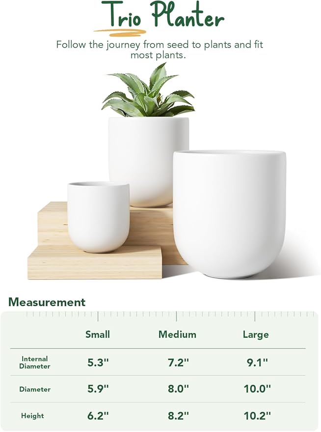LE TAUCI 6+8+10 Inch Ceramic Pots for Plants, Plant Pots Indoor with Drainage Hole and Plug, Planter Pots for Home Office Room Patio, Set of 3, White