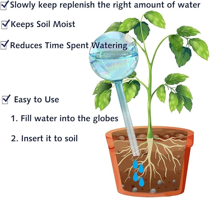 Self Watering Planter Insert, 4pcs Blown Glass Plant Watering Globes, Potting Self-Watering Bulbs Flower Automatic Watering Device Auto-Drippers for Plant Daily Self Watering
