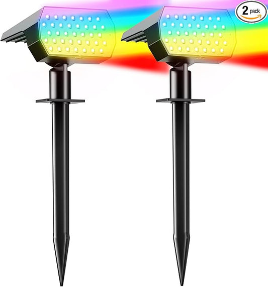 Solar Spot Lights Outdoor, [2 Pack/7 Colors/37 LED] 2-in-1 Solar Landscape Spotlights, IP65 Waterproof Auto On/Off Solar Powered Security Lights for Yard Garden Pathway Walkway