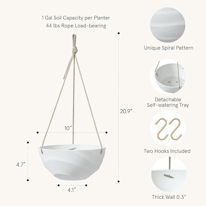 La Jolie Maison 10 Inch Hanging Planters for Indoor Plants, Outdoor Garden Planter Pots with Self-Watering Tray, Eggshell White, Set of 2