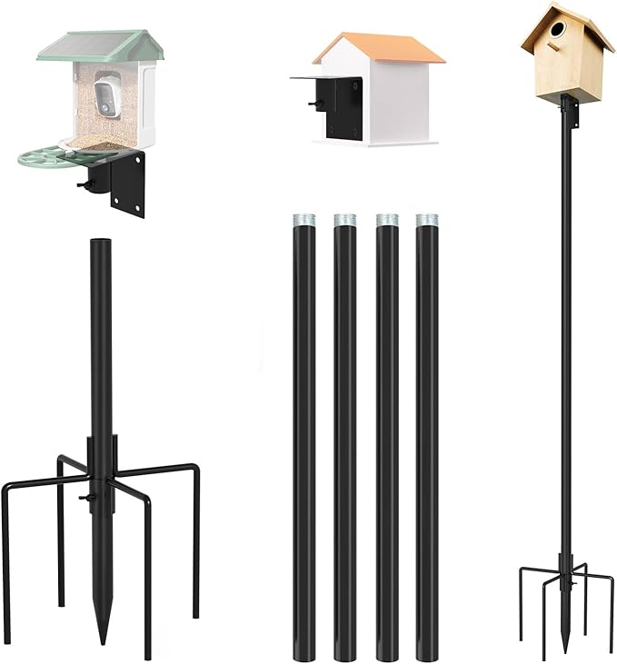 ERYTLLY Bird House Pole Mount Kit 96 Inch - Adjustable Hummingbird Bird Feeder Post Support Rod Universal Stand Set with 5 Prongs for Outdoor, Yard, Garden Decor, Black