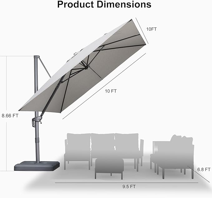 PURPLE LEAF 10 FT Cantilever Patio Umbrella Outdoor Aluminum Offset Square Umbrella with 3 Years Fade Resistance Recycled Fabric and 360-degree Rotation for Deck Pool Garden, Pebble Grey