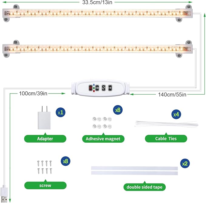 LED Grow Light Strips, Grow Lights for Indoor Plants Full Spectrum 3000K, 96 LEDs Plant Light with 3/9/12H Timer, 10 Dimmable Levels for Seedling Succulent, 2 Head 13 Inches