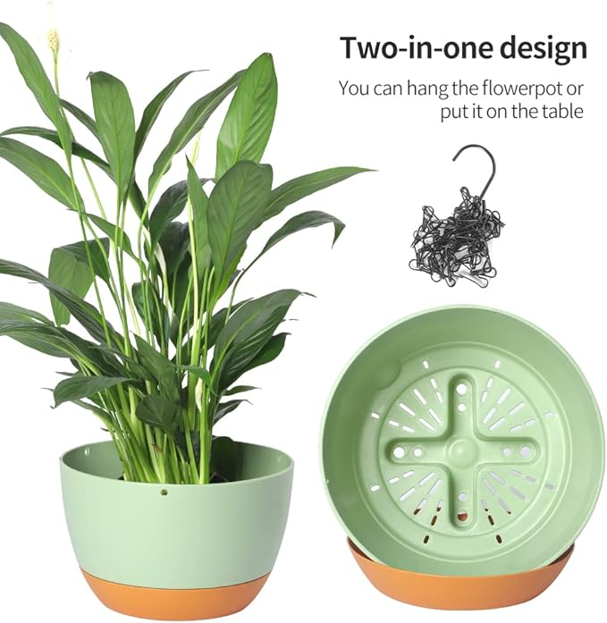 2 Pack Plastic Hanging Planters Set ,8.3 Inch Hanging Flower Plant Pot with Drainage Hole for Indoor Outdoor Plants, Round Hanging Basket with Removable Tray for Home Garden Porch Balcony Patio Decor