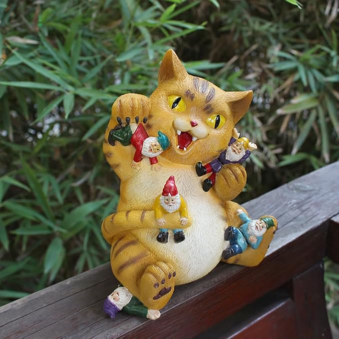 Garden Cat Decor Statue Figure Cat Eating Gnomes Statues for Outdoor Cat Gifts for Mom Patio Lawn Yard Decor (Fat cat)