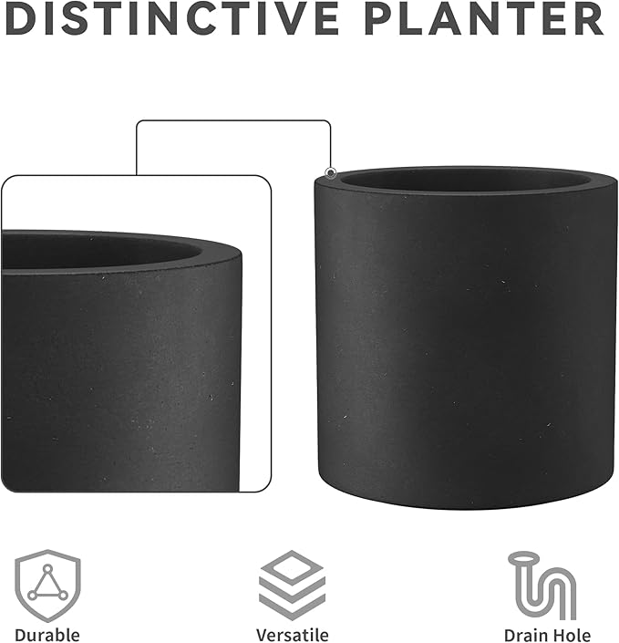 Kante 9.8" Dia Round Concrete Planter, Modern Style Large Cylindrical Plant Pot with Drainage Hole and Rubber Plug for Indoor Outdoor Patio, Black